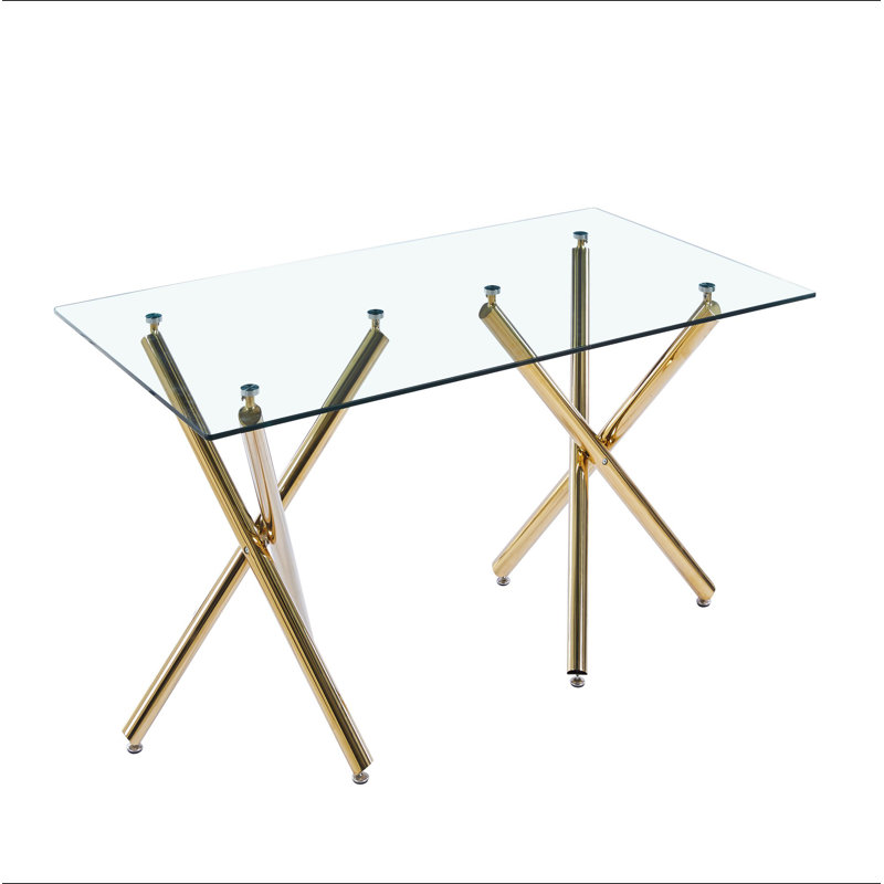 Table de salle à manger rectangulaire en verre trempé avec base double en acier inoxydable, design d'intérieur de salle à manger moderne, pour 6 personnes
