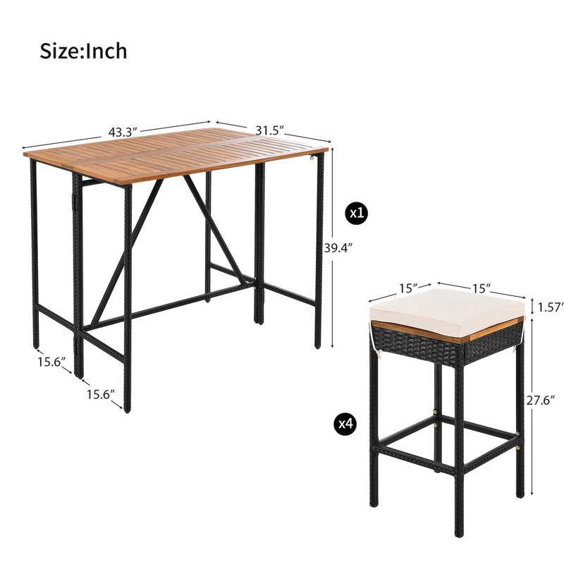 5-Piece Bar Height Table And Four Stools With Cushions, Dining Table Set