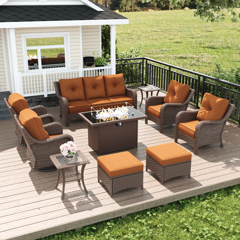 10 Piece Wicker Outdoor Furniture Set With 6-inch Comfy Cushions, High Back Patio Furniture Set With Swivel Rocking Chairs And Fire Pit Table