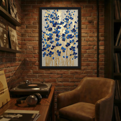 Plantes et fleurs, fleurs bleues sur fond doré, reproduction d'art