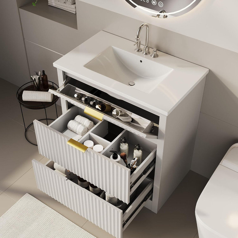 24"/30" Fluted Bathroom Vanity with Ceramic Sink, Farmhouse Freestanding Cabinet with 2 Drawers & 1 Flip-Down Drawer, White