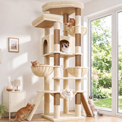 Arbre à chat de 190 cm pour grands chats, tour à plusieurs niveaux avec griffoirs, 4 hamacs et 1 niche, mobilier robuste pour 2 à 3 chats de taille moyenne à grande, beige