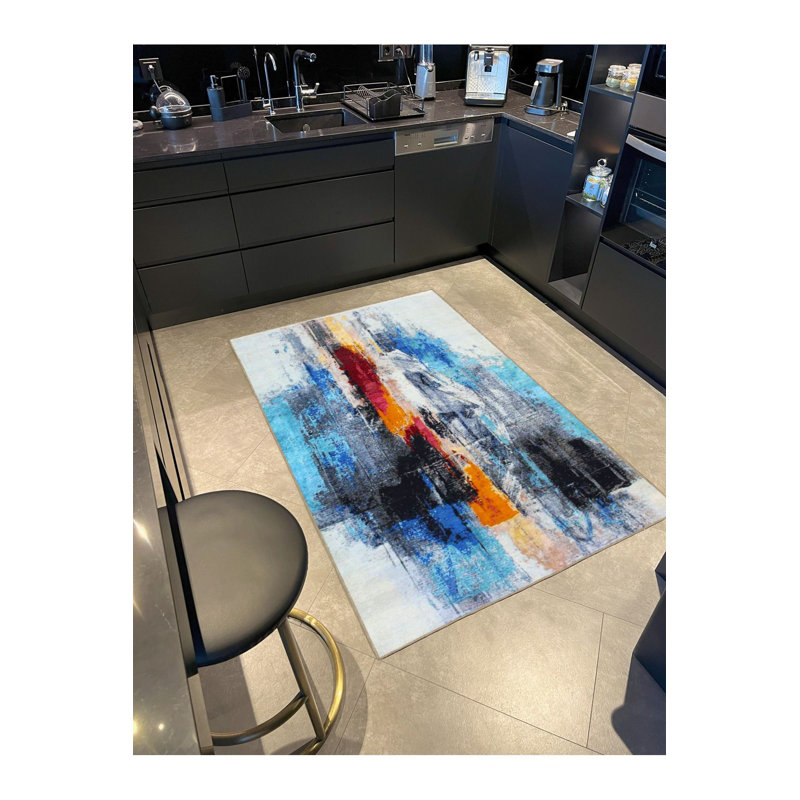Tapis bleu tissé à la machine lavable à la machine, Rectangle 3'3" x 4'11"