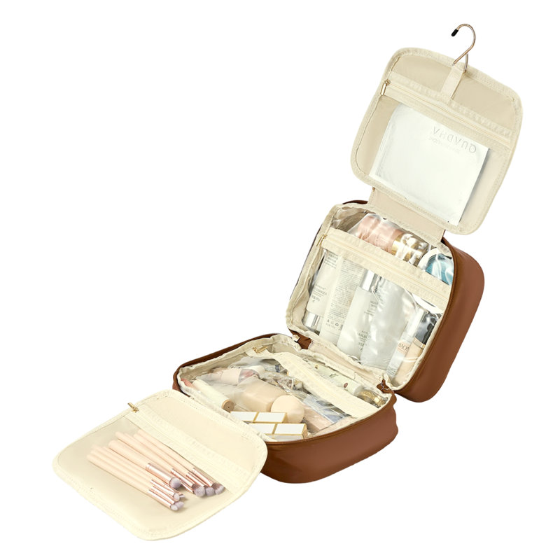 PU Leather；Polyester；PVC；Nylon Zipper Makeup Organiser, Caramel