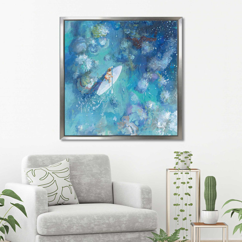 «Paddle Board Exploration I» par Danhui Nai, reproduction, Cadre flottant argent, H 31,5 po x l 31,5 po x P 2 po