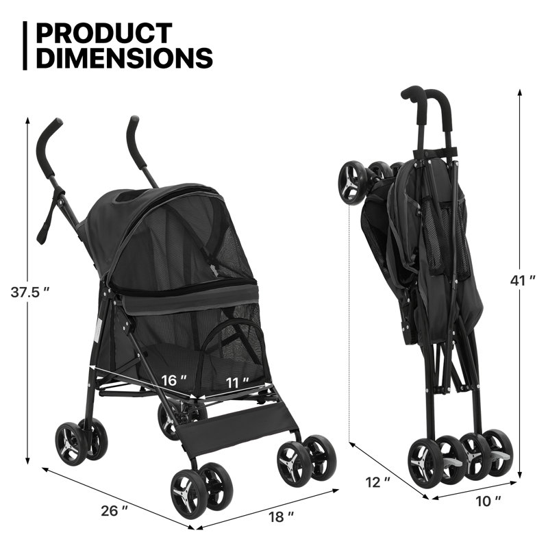 Black Steel Foldable Pet Stroller with Rubber Wheels