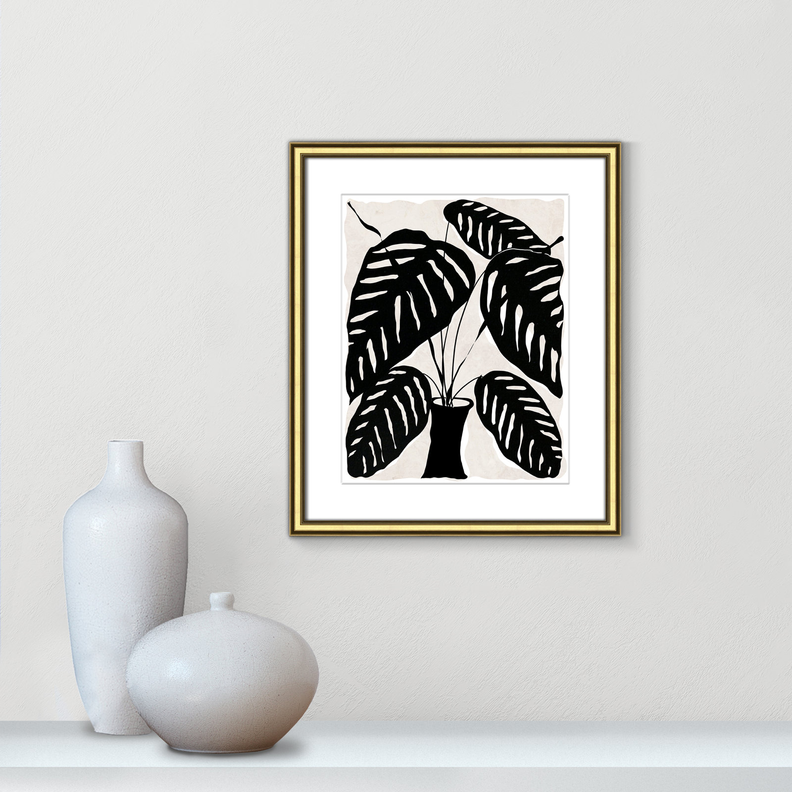 Black and White Potted Plant I Print, 20.25" H x 17.25" W x 0.88" D, Gold Framed
