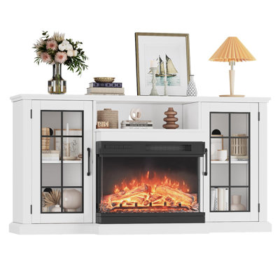 59 Inch Electric Fireplace TV Stand, Panoramic 3 Sided Glass Entertainment Center with Fireplace for TVs Up to 65'', 12 Flame Colors, Ample Storage, Energy Saving Fireplace Heater, White