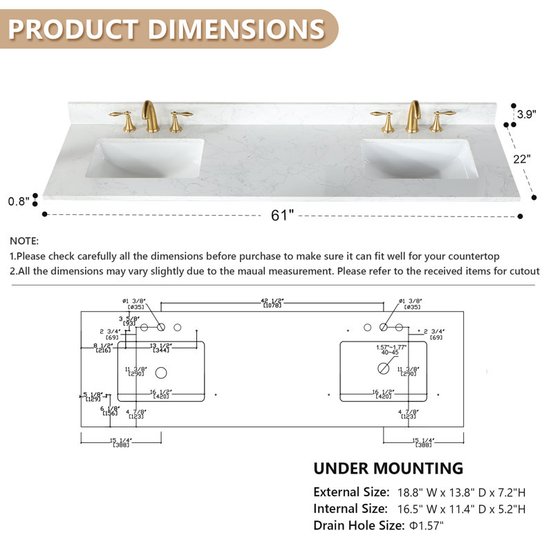Ceres 73" Grain White Engineered Stone Double Vanity Top with Sinks
