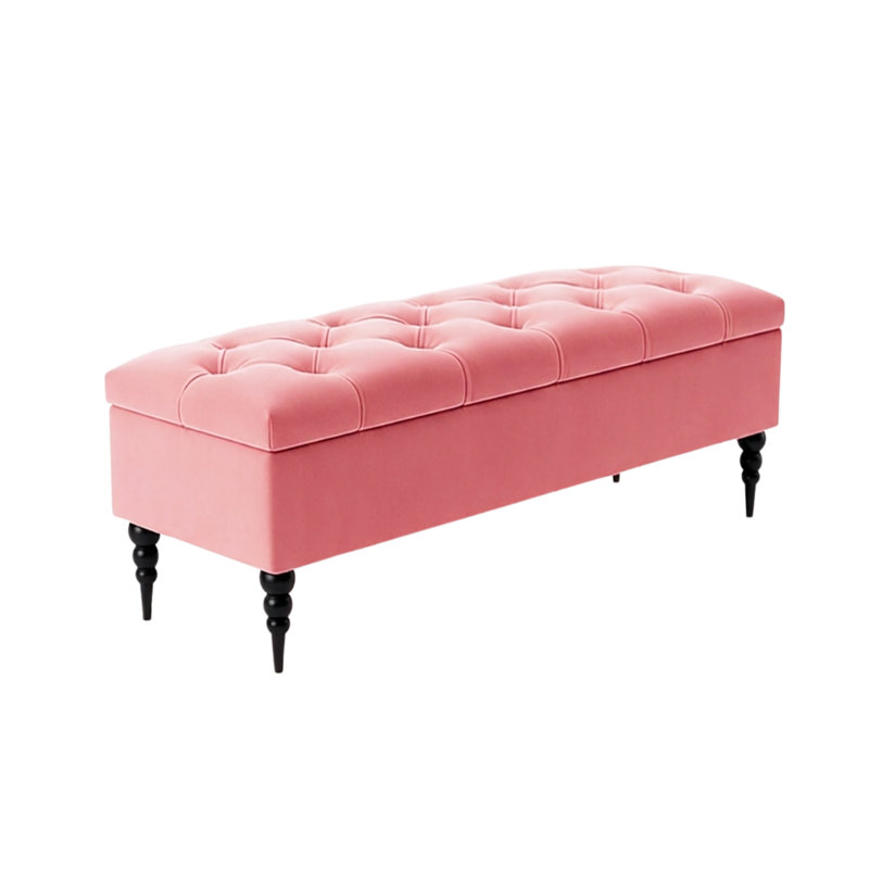 Safar Wide Tufted Rectangle Ottoman Storage Bench – Upholstery Plush Velvet Shoe Bench with Black Turned Wooden Legs, Pink