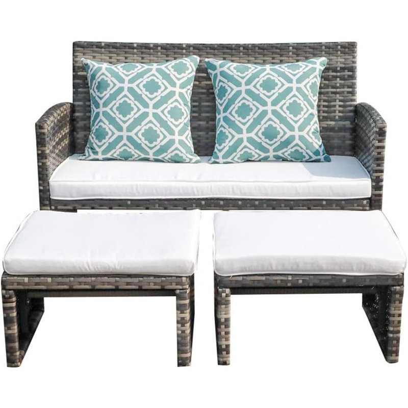 Ensemble de conversation pour causeuse d'extérieur en rotin avec repose-pieds, coussins, osier gris et coussins inclus, Blanc