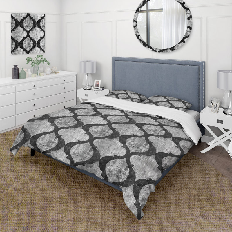 Ensemble de housse de couette noir gris quadrilobe Elegance - Mid-Century, Housse de couette très grand + 2 taies décorativ