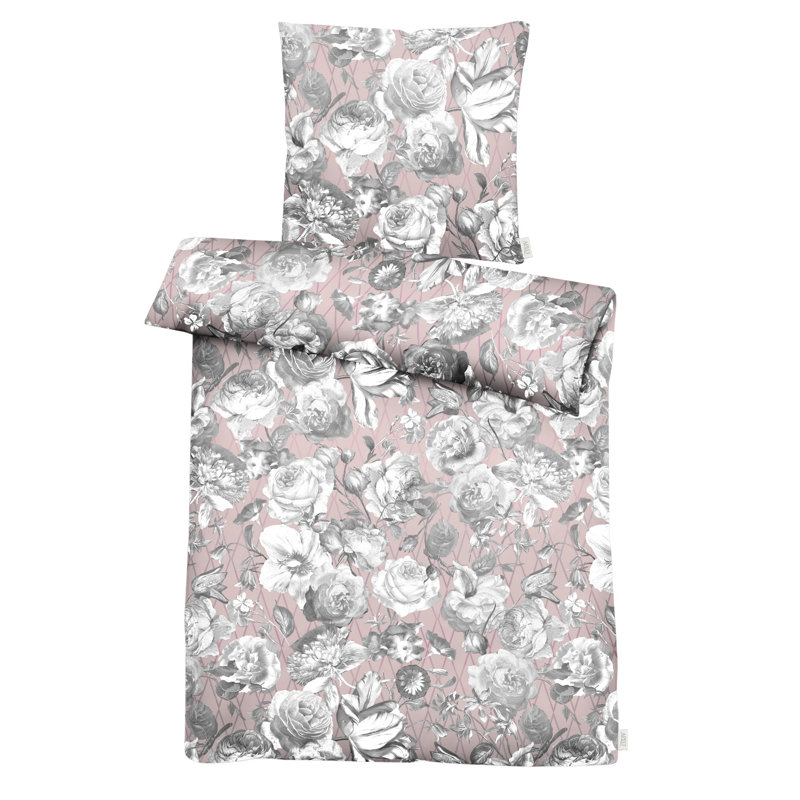 Coloured Nights Floral Duvet Cover Set with Pillowcases Included, Single - 1 Pillowcase (80 x 80 cm), Pink/Grey