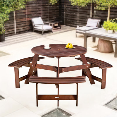 Table de pique-nique d'extérieur avec 3 bancs intégrés - trou de parasol pour 6 personnes, patio, trou brun, météo, brun, pour le jardin