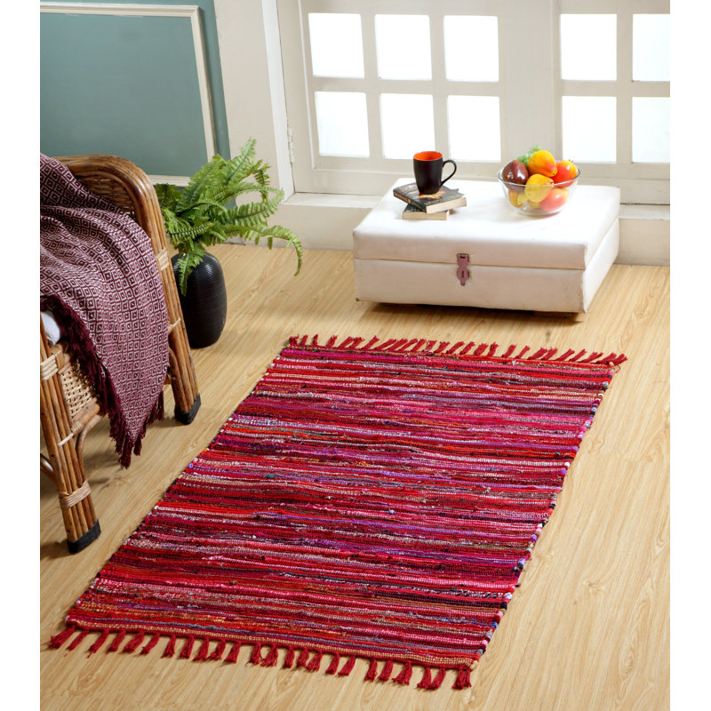 Marone Striped Cotton Hand Woven Area Rug, Rectangle 90 x 150cm
