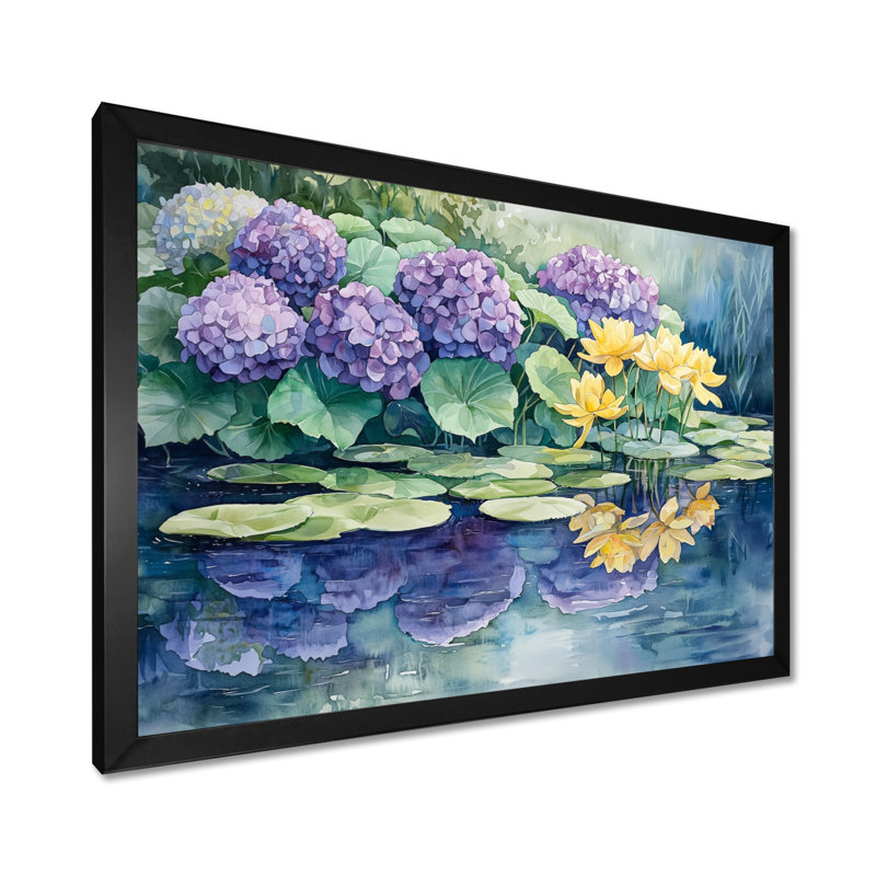 Imina Hydrangeas And Lilies By The Lake II - Hydrangea Large Wall Art, Single Picture Framed Print, Black, 12" H x 20" W
