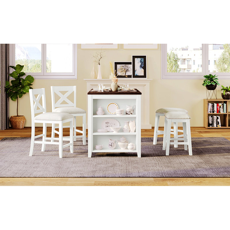 Ensemble de table de bar en bois à hauteur de comptoir classique avec 2 tabourets et 2 chaises, Brun / blanc, Blanc / beige