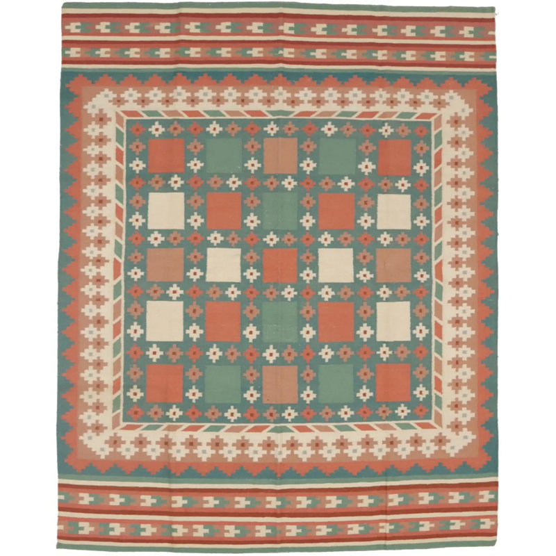 Tapis indien multicolore à motif géométrique 7 pi 5 po x 9 pi 4 po Dhurrie