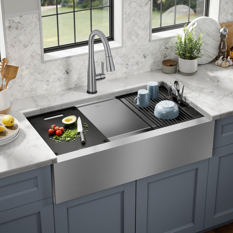 Delta Rivet™ 36" L Workstation Farmhouse Apron Front Kitchen Sink Undermount 16 Gauge Stainless Steel Single Bowl