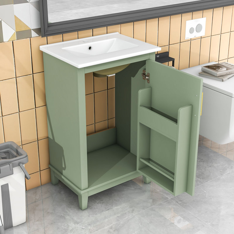 Bathroom Vanity Cabinet With Ceramic Basin, Green, Gold