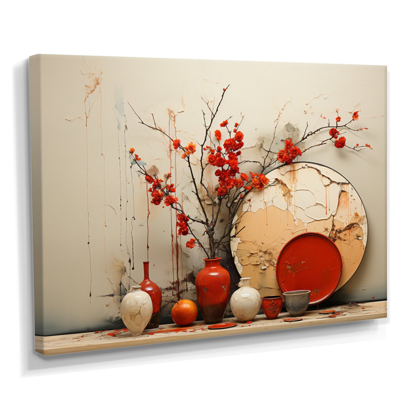 Vase rouge fleurs rouges séchées, H 12 po x l 20 po x P 1 po, Toile tendue