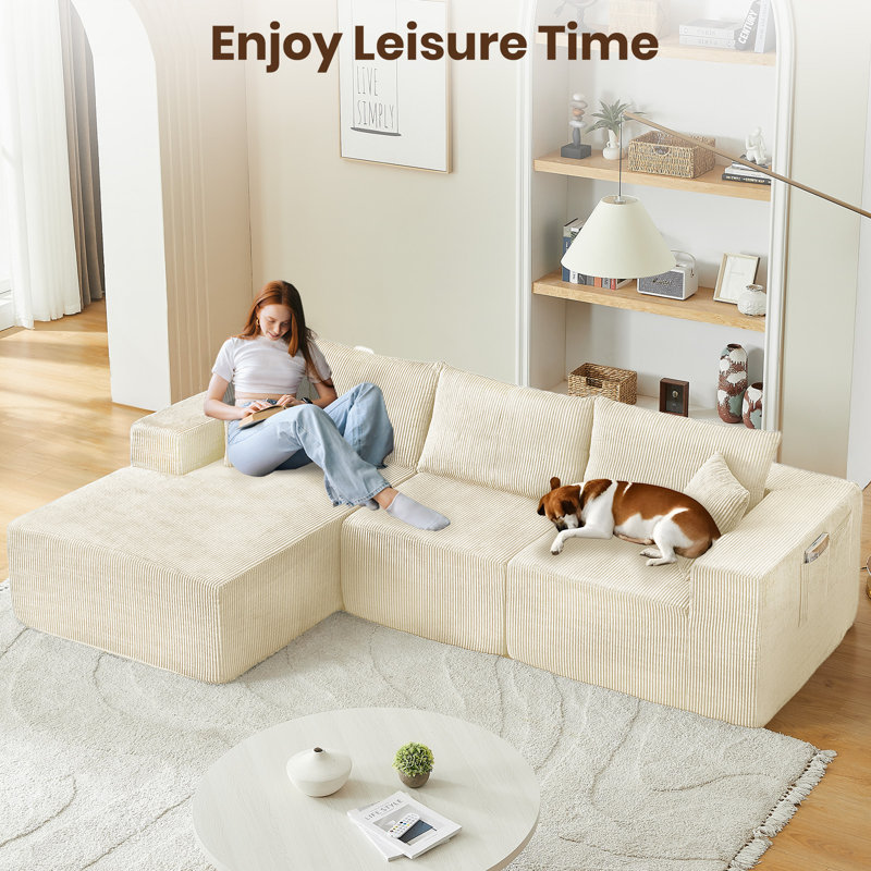 Canapé modulaire en forme de L de Boneless, Velours côtelé beige