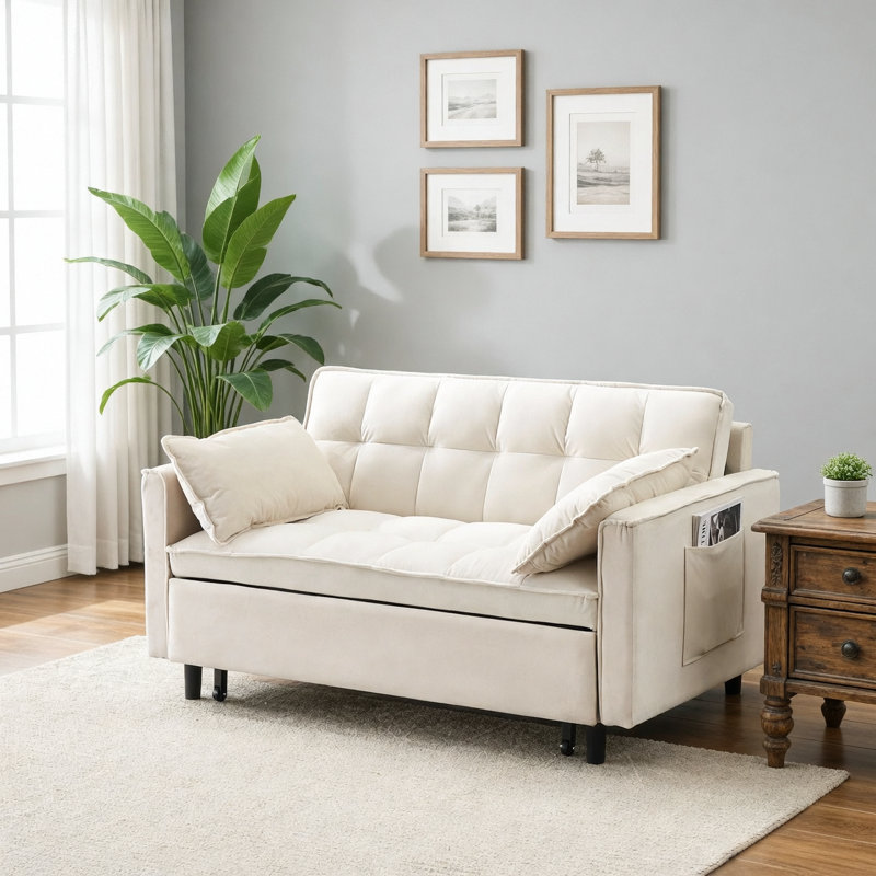 Canapé-lit en velours beige de 55 pouces, élégant et pratique, avec poches de rangement, interprétant intelligemment la conversion trois-en-un