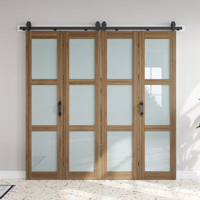 3-Lite 84" Frosted Glass Bi-fold Barn Doors Double Doors with Installation Hardware Kit
