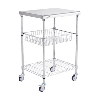 Chariot de cuisine, 3 niveaux, chariot roulant en fil métallique avec une capacité de 470 lb, chariot de service en acier sur roulettes, chariot de rangement en métal avec panier incurvé en PP de 76 mm, 6 crochets, pour l'intérieur et l'extérieur
