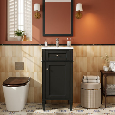 16-Inch Modern Compact Bathroom Vanity Set With Ceramic Basin, Freestanding Wood Cabinet With Fluted Detail And Soft Close Hinges