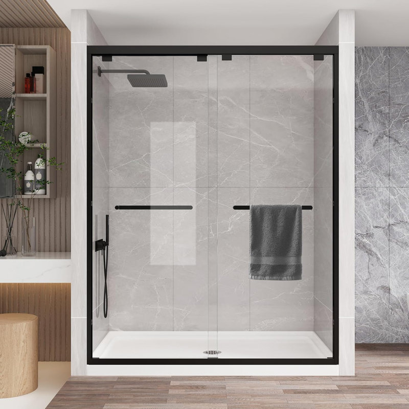  55"-60" W x 76" H Double Sliding Framed Shower Door in Matte Black with 1/4" Clear Tempered Glass, Matte Black