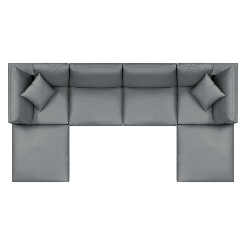Gray Faux Leather Six-Piece Sectional Sofa with Ottoman