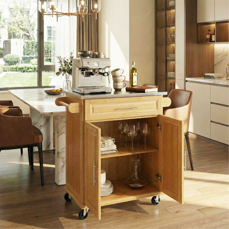 Chariot de cuisine intérieur en bambou compact avec plateau en acier inoxydable - Îlot de rangement mobile avec tiroir et armoire pour petits espaces