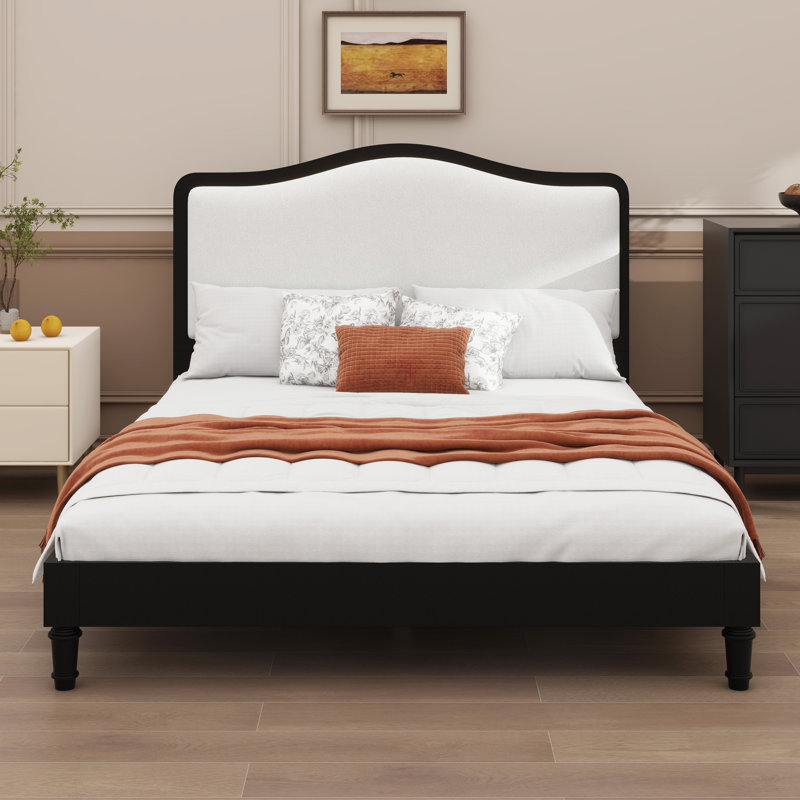 Platform Bed Frame with Headboard, Black Frame+White Fabric