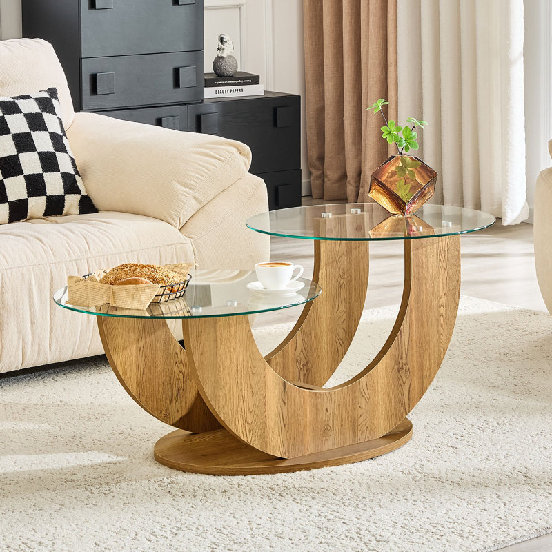 Table basse créative en U à deux niveaux en verre avec base en bois aggloméré: une table d'appoint de salon moderne et minimaliste à hauteur réglable.