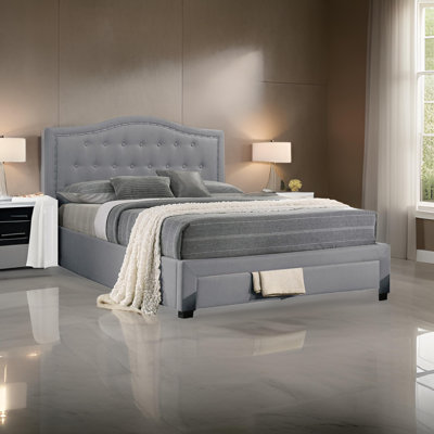 Sey  Bed W Storage Footboard, Light Gray Burlap Upholstery