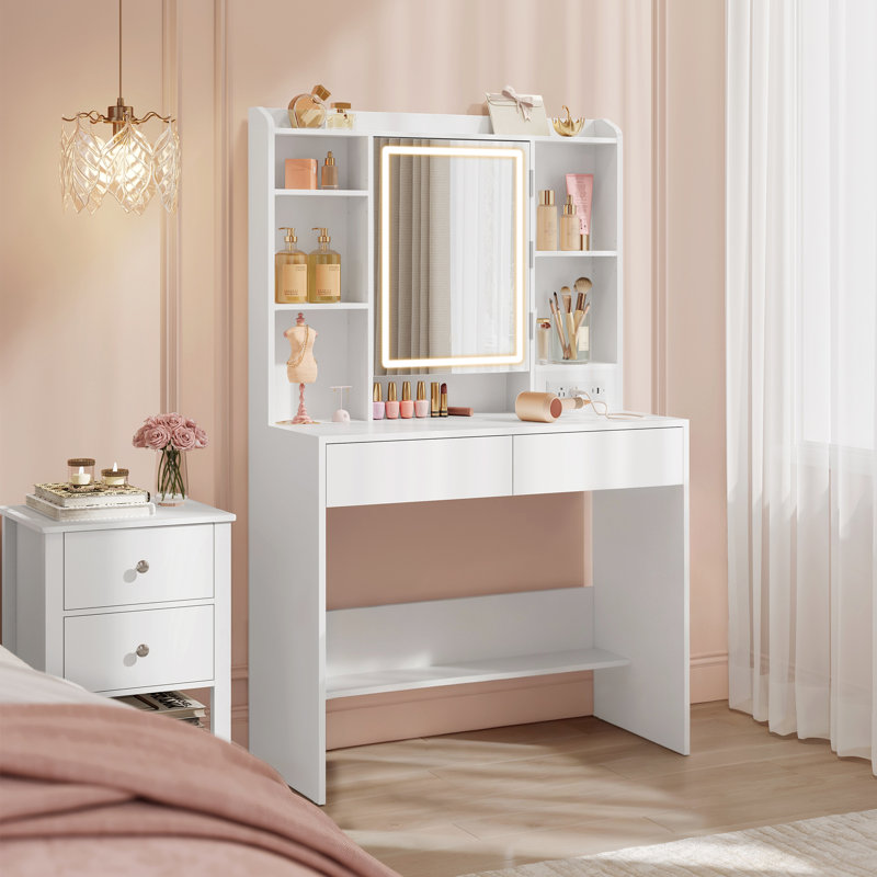 Makeup Vanities With Power Outlets, Dimmable Led Lights, White