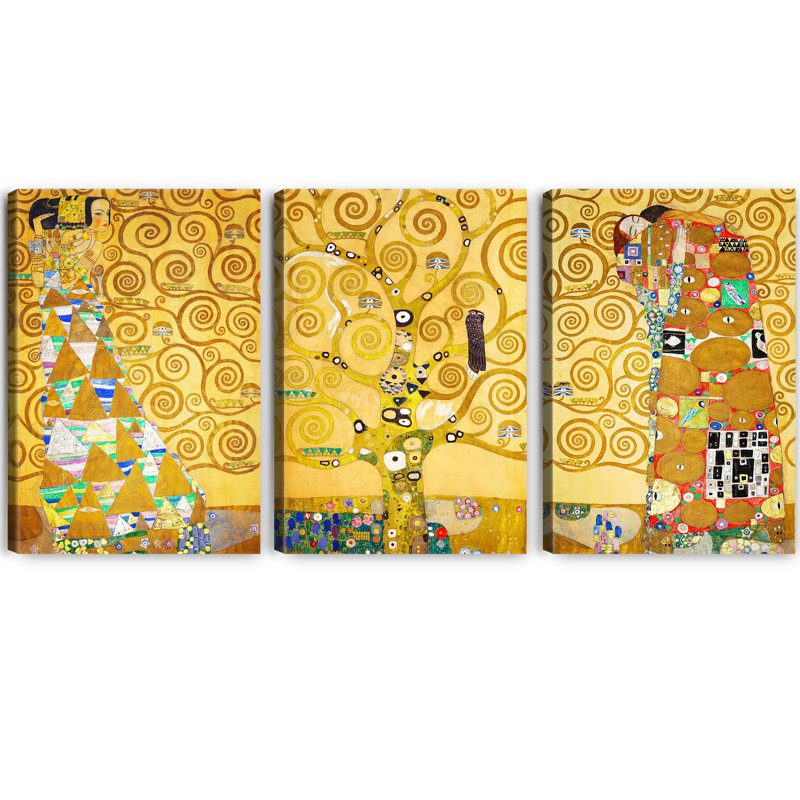 «The Tree of Life (Dance, Tree, Lovers)» par Gustav Klimt, art mural à 3 panneaux pour décorations de bureau à domicile, impression giclée sur toile, triptyque 