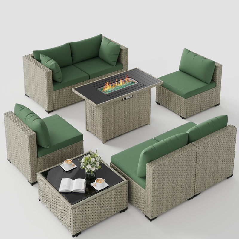 7 Pieces Design-Oriented Rattan Patio Conversation Sets With Fire Pit, Green