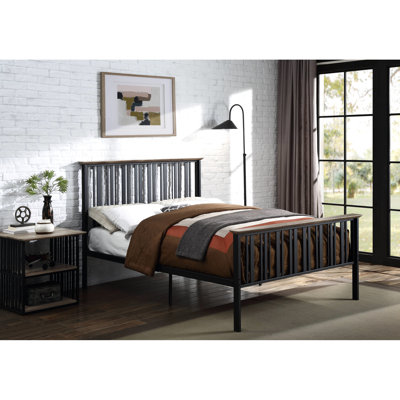 Lit double en chêne antique et noir, aucun sommier requis, garniture en bois, sommier à lattes, métal, matelas de 8 po recommandé, lit noir d'une capacité de 330 lb, non requis, charge de la tête de lit