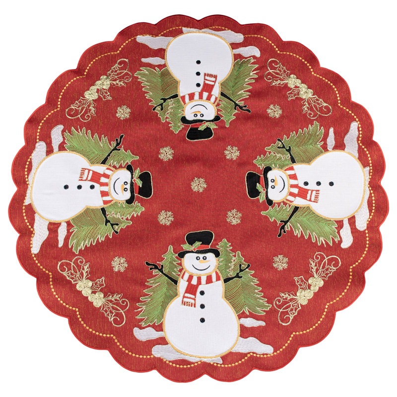 Nappe de Noël ronde de 86 cm (34 pouces) avec bonhommes de neige et volutes.