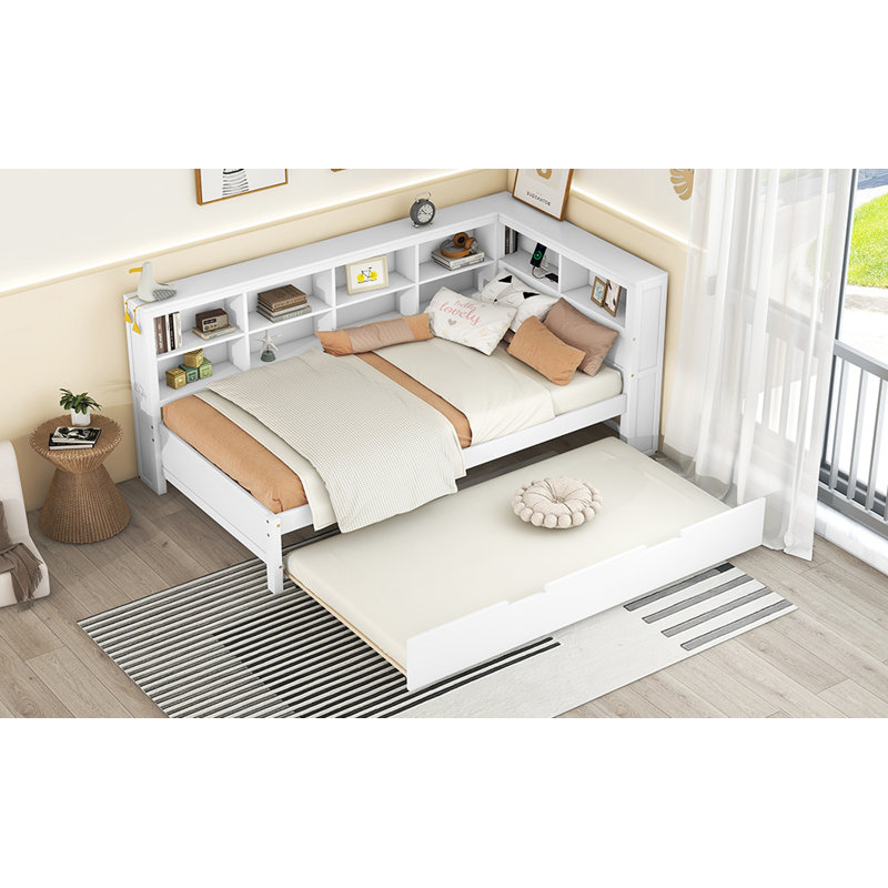 Evermere Modern Daybed with Trundle and USB Charging Station, Twin, White