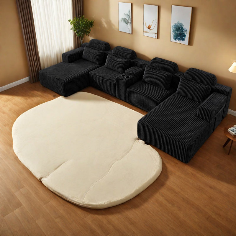 Compression Sofas with Storage, Black Corduroy Modern Sectional for Home