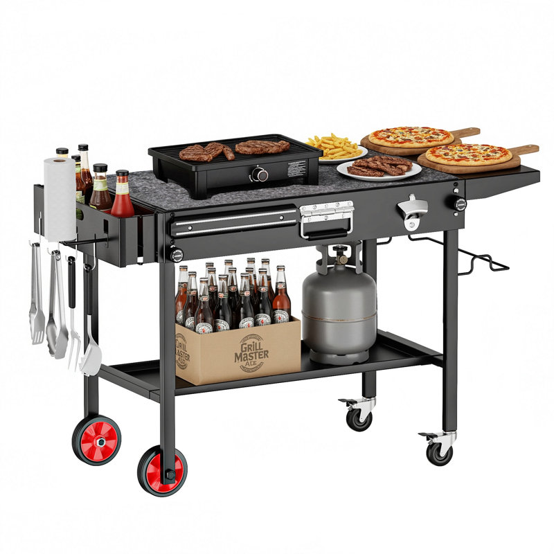 Chariot de barbecue pliable FANHAO avec double tablette, support de plaque de cuisson multifonctionnel Blackstone, chariot de barbecue à roulettes pour la cuisine et le camping en plein air