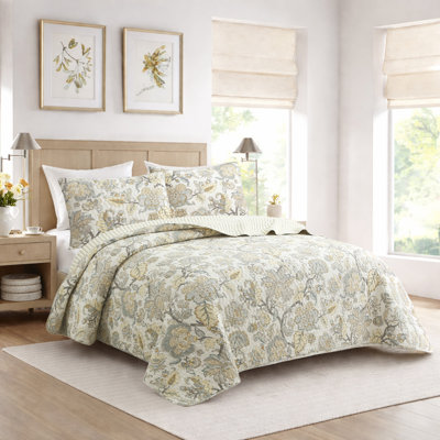 Autumn Floral Foliage Brown Beige Gold Cotton 3 Piece King Quilt Bedding Set