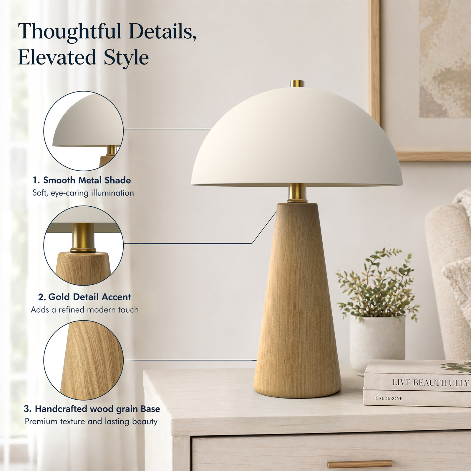 Fistes Ceramic Bedside Lamp, Wood Grain/Beige