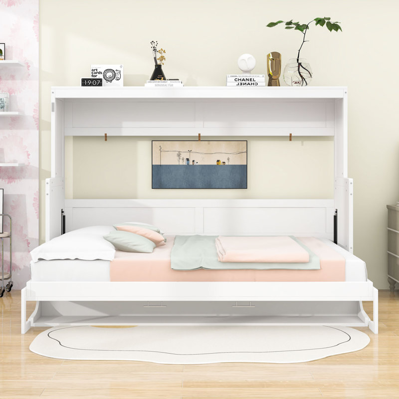 Lit escamotable mural avec tablettes, Double, Blanc
