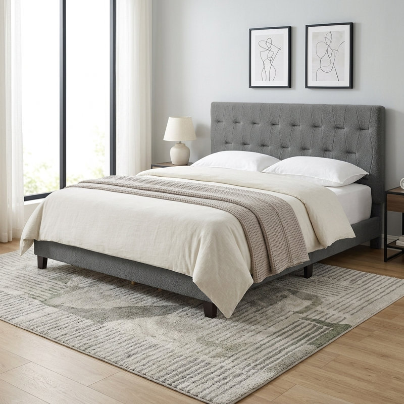 Wade Tufted Velvet Upholstered Wooden Low Profile Standard Bed with Headboard & Footboard, King, Dark Gray