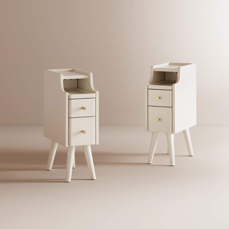Ensemble de 2 tables de chevet étroites en bois massif avec 2 tiroirs chacune, Blanc