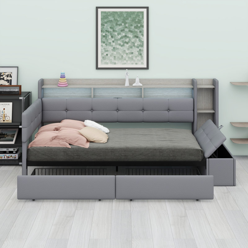 Upholstered Daybed with Storage Footstool, Drawers & LED Lighting, Grey
